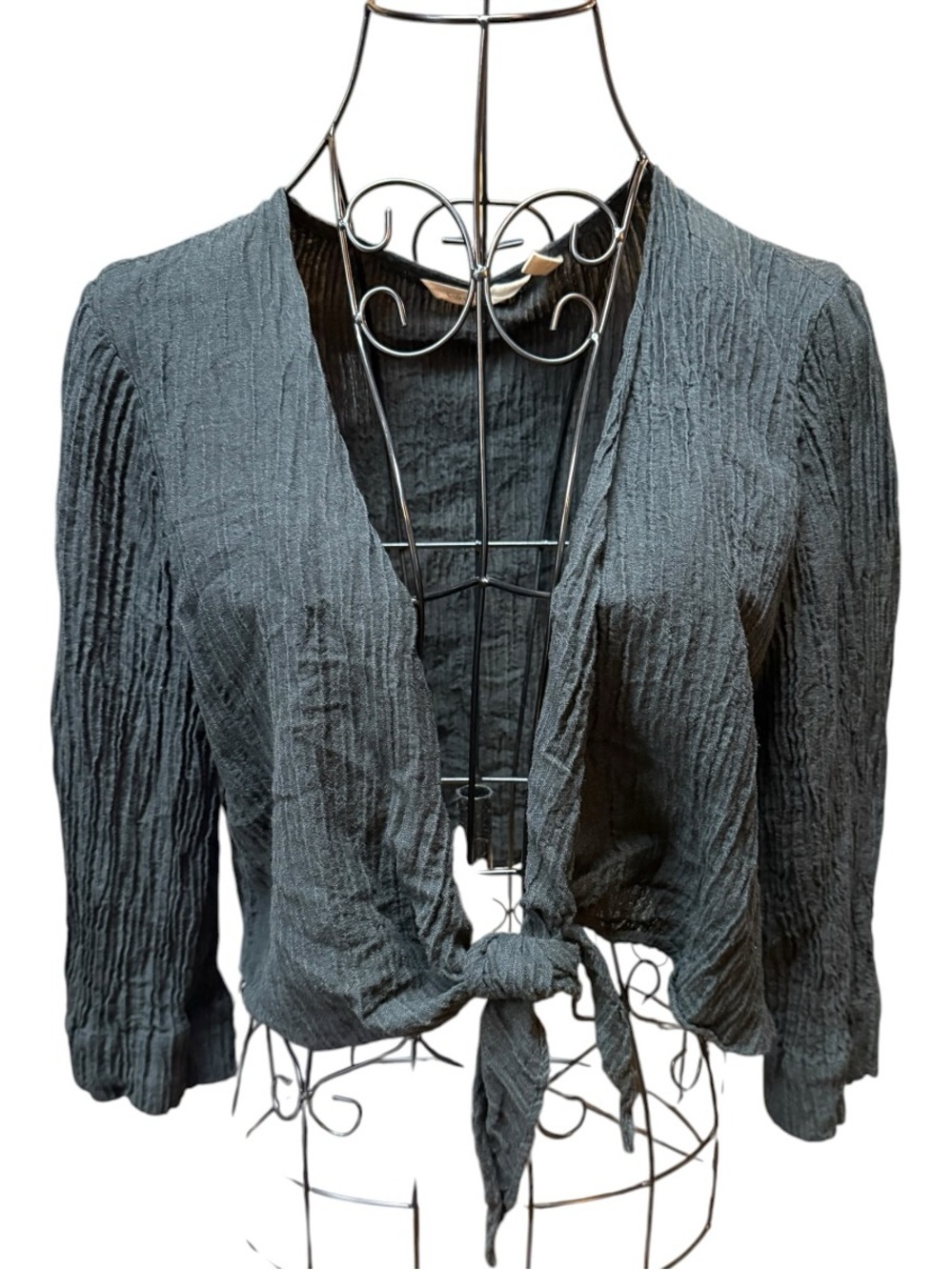Soft Surroundings Classic Boho Black Crinkle Tie-Front Cardigan Top